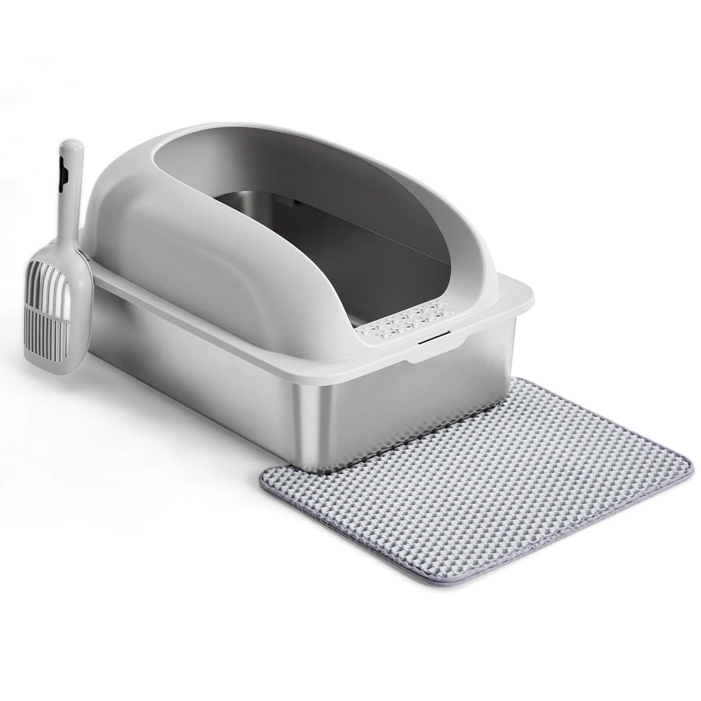 Premium Stainless Steel Cat Litter Box with Lid - XL Extra Large Design for Big Cats, High Wall Sides to Prevent Leaks & Odors, Easy to Clean with Included Scoop and Mat - Light Grey